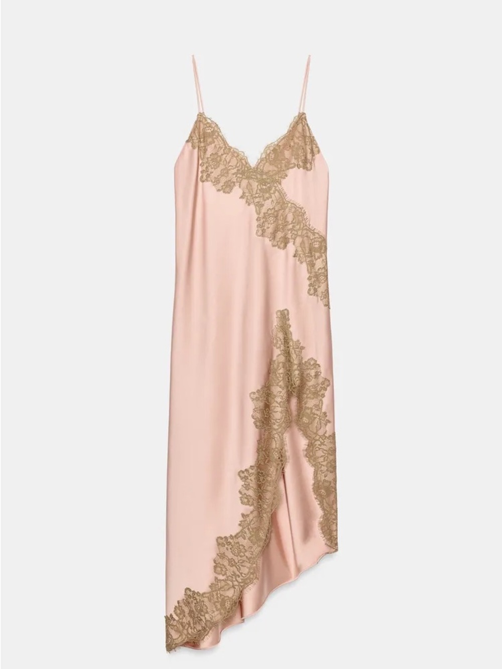Zara Pink Slip Dress with Beige Lace Trim